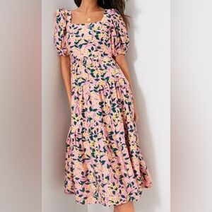 Moon River Pink and Orange Puff Sleeve Wrap Midi Dress